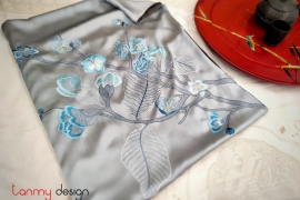 Grey silk scarf hand-embroidered with peach orchids 60*200 cm